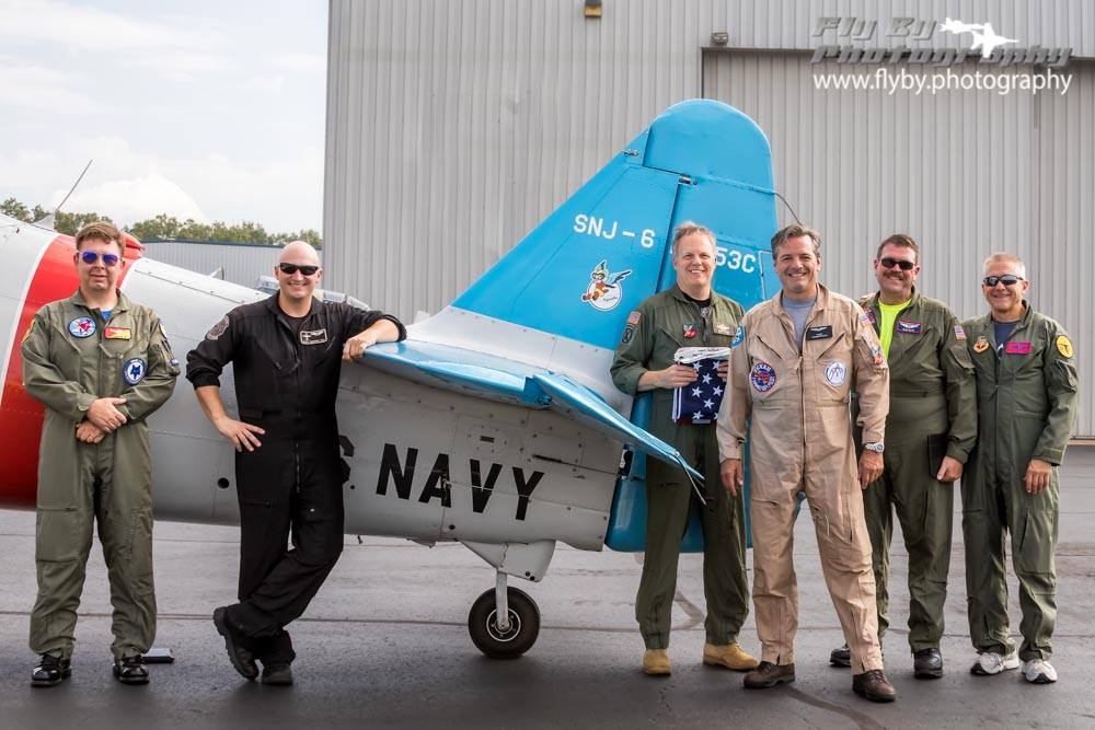 The crew that flew the flight over Arlington National Cemetery for the inurnment of Women Air Force Service Pilot (WASP) 2LT Elaine D. Harmon and to honor all WASPs. From Left to Right "The Mustangs Boys," Robert Dickson and Scott "Scooter" Yoak and "The Texan Team," Brian Cotter, Mike Hogan, Dan Haug and Jim Koch.